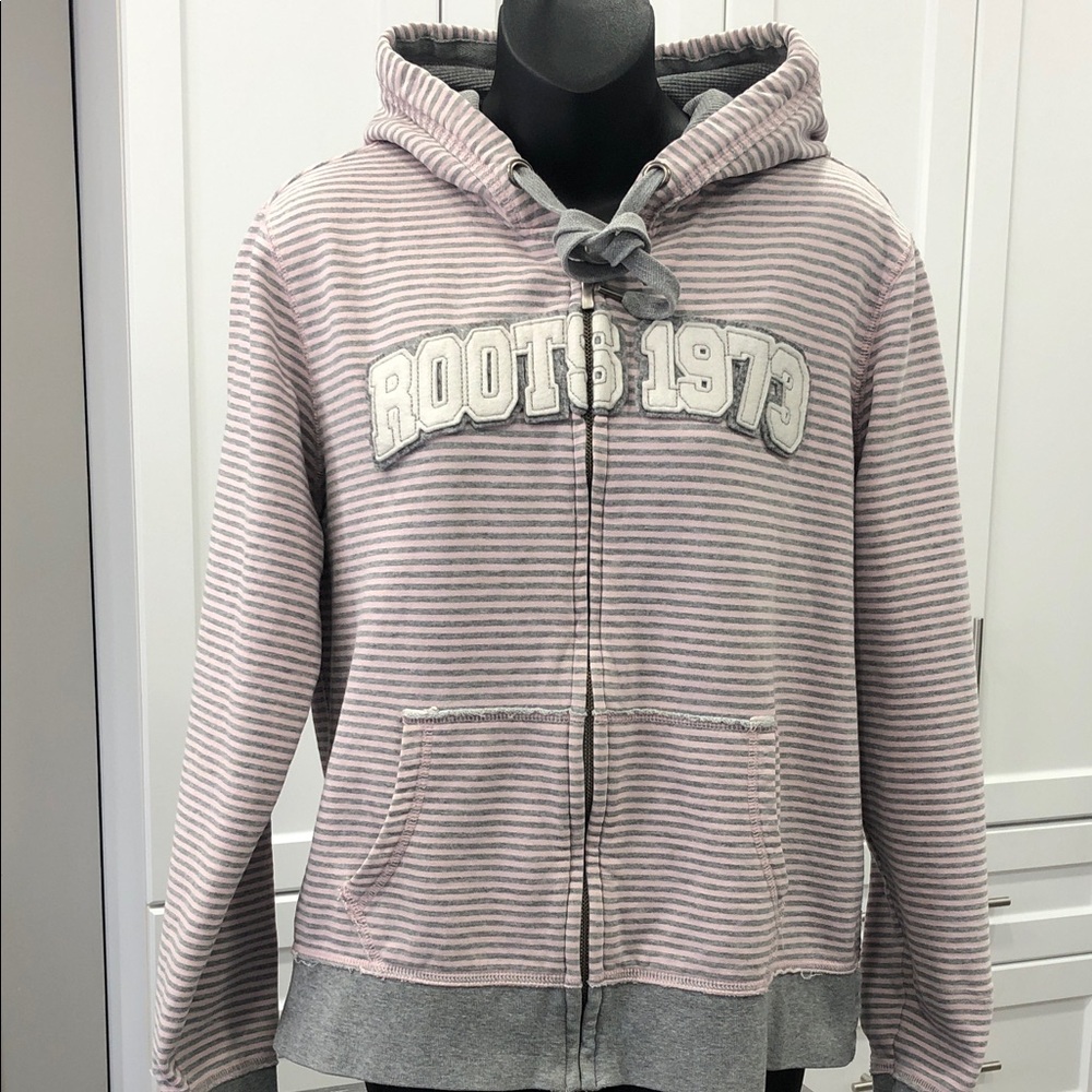 🦫Roots Athletics Full-Zip Hoodie – Women’s Size Large – Striped Pink & Grey